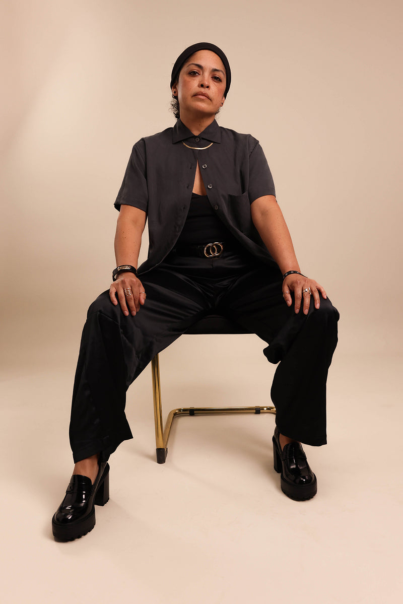 La Chelle Shirt Model Sitting in chair
